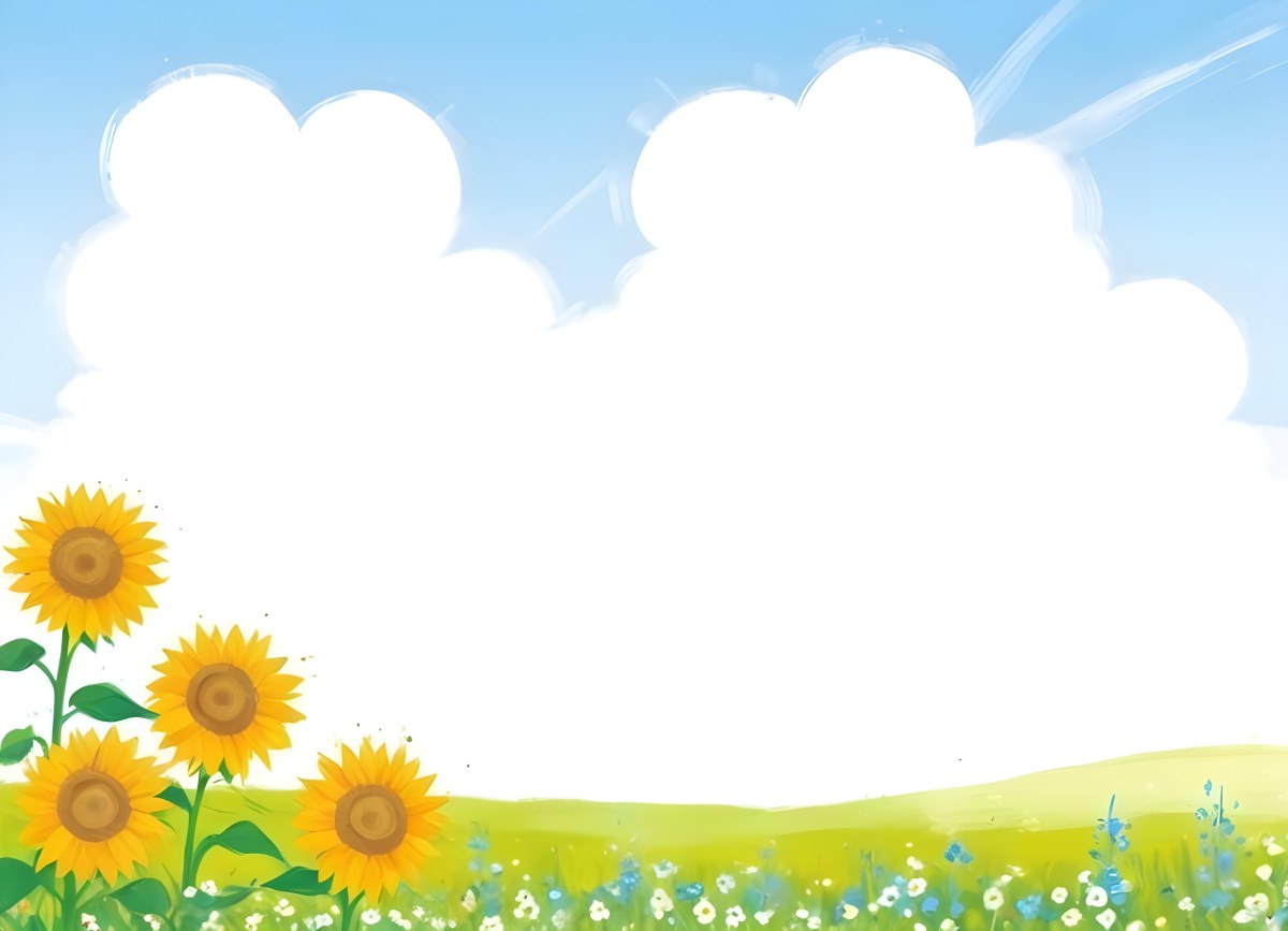 Digital Painting Two Sunflowers In A Green Field With Small Blue Flowers Blue Sky With White Clouds Sunny Day Bold And Slim Lines Brush Strokes 28 67d0