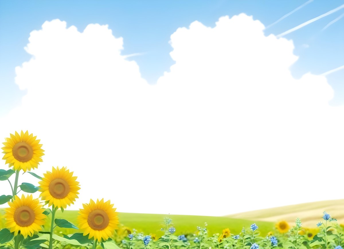 Digital Painting Two Sunflowers In A Green Field With Small Blue Flowers Blue Sky With White Clouds Sunny Day Bold And Slim Lines Brush Strokes 58 9165