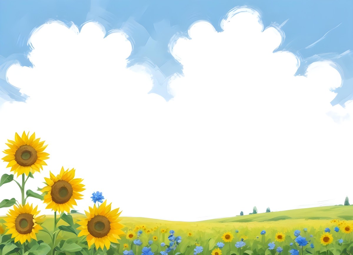 Digital Painting Two Sunflowers In A Green Field With Small Blue Flowers Blue Sky With White Clouds Sunny Day Bold And Slim Lines Brush Strokes 67 10da