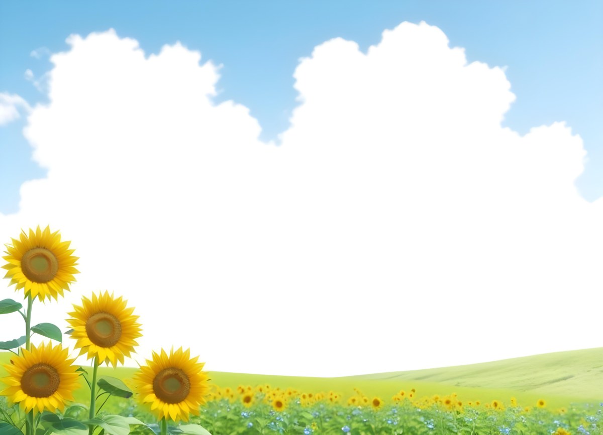 Digital Painting Two Sunflowers In A Green Field With Small Blue Flowers Blue Sky With White Clouds Sunny Day Bold And Slim Lines Brush Strokes 70 211c