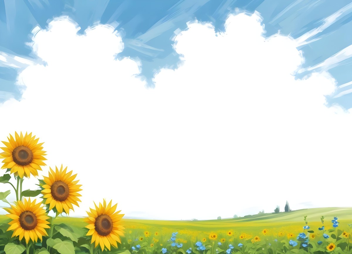 Digital Painting Two Sunflowers In A Green Field With Small Blue Flowers Blue Sky With White Clouds Sunny Day Bold And Slim Lines Brush Strokes 88 8d4a