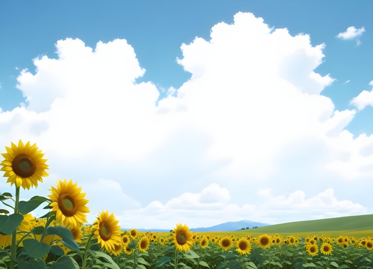 Digital Painting Two Sunflowers In A Green Field With Small Blue Flowers Blue Sky With White Clouds Sunny Day Bold And Slim Lines Brush Strokes 9 E58c