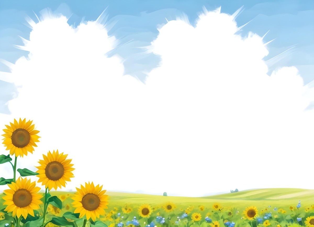 Digital Painting Two Sunflowers In A Green Field With Small Blue Flowers Blue Sky With White Clouds Sunny Day Bold And Slim Lines Brush Strokes 90 7f22