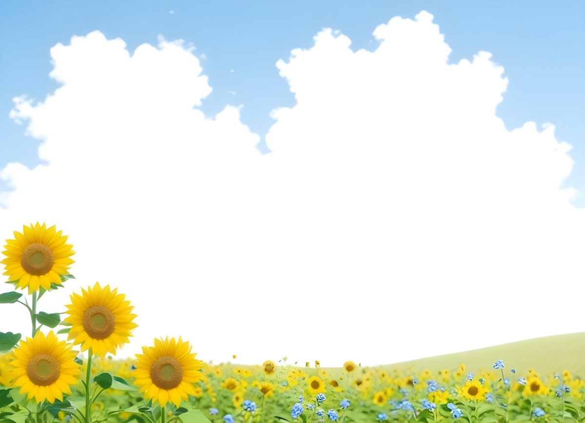 Digital Painting Two Sunflowers In A Green Field With Small Blue Flowers Blue Sky With White Clouds Sunny Day Bold And Slim Lines Brush Strokes 91 7680