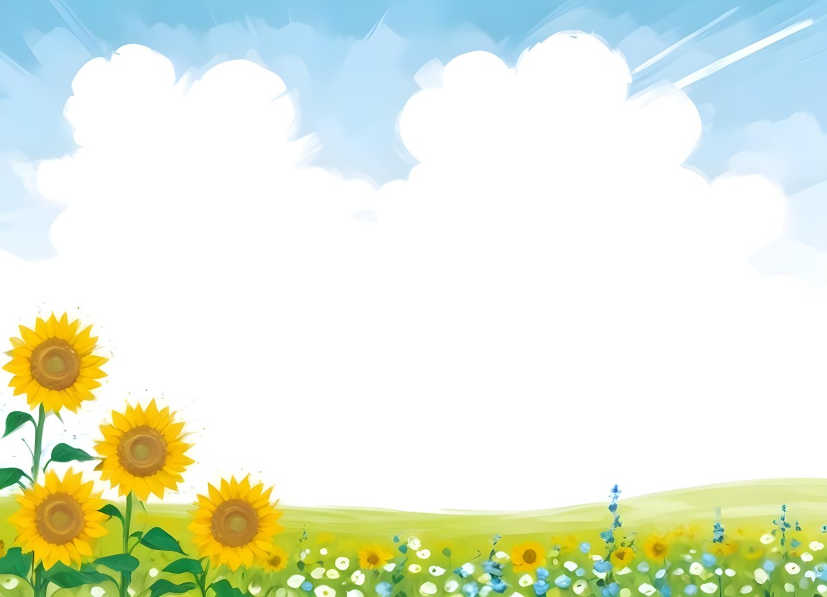 Digital Painting Two Sunflowers In A Green Field With Small Blue Flowers Blue Sky With White Clouds Sunny Day Bold And Slim Lines Brush Strokes 92 5ac7