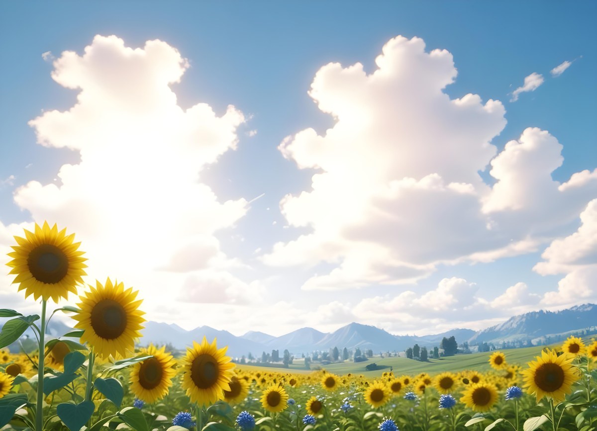 Digital Painting Two Sunflowers In A Green Field With Small Blue Flowers Blue Sky With White Clouds Sunny Day Bold And Slim Lines Brush Strokes 93 4489