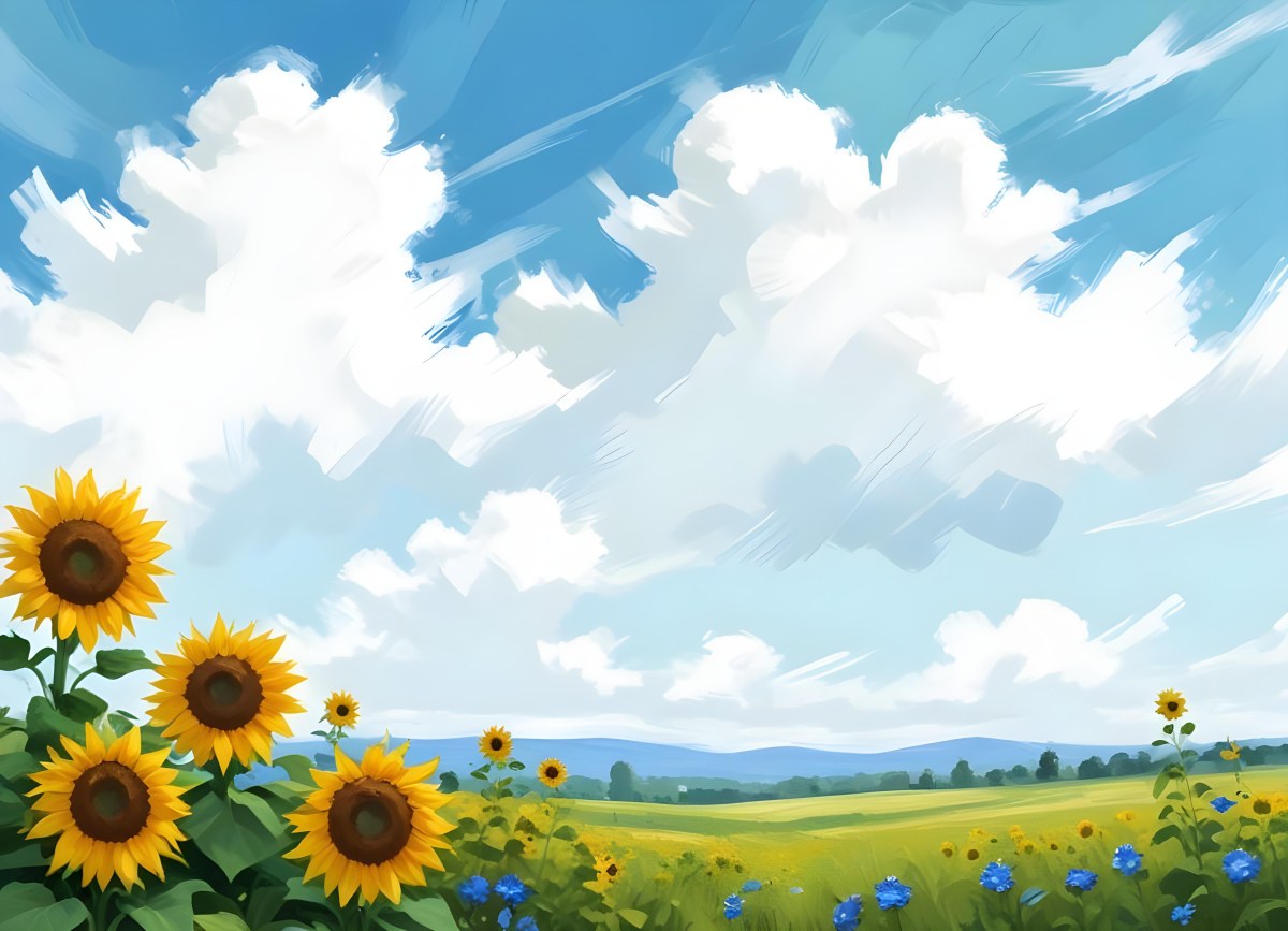Digital Painting Two Sunflowers In A Green Field With Small Blue Flowers Blue Sky With White Clouds Sunny Day Bold And Slim Lines Brush Strokes 96 0389