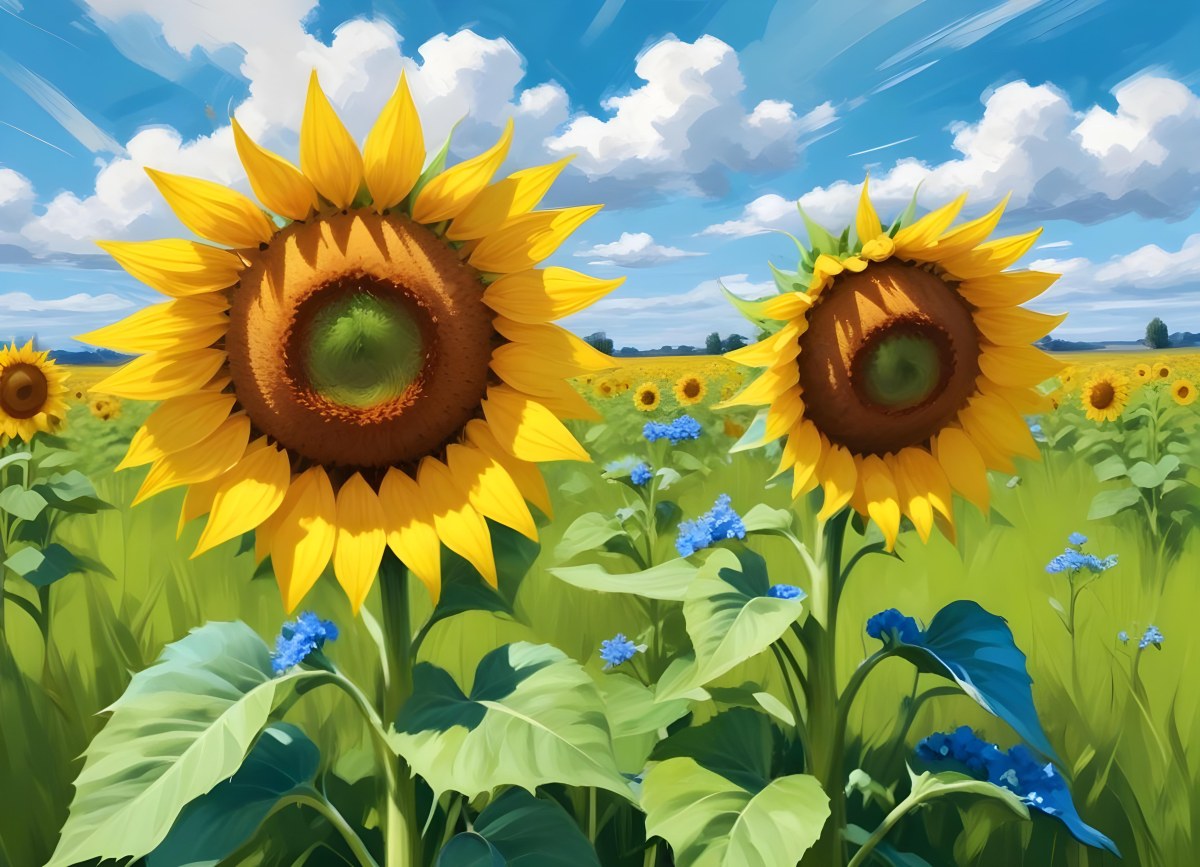 Digital Painting Two Sunflowers In A Green Field With Small Blue Flowers Blue Sky With White Clouds Sunny Day Bold And Slim Lines Brush Strokes 98 44e7