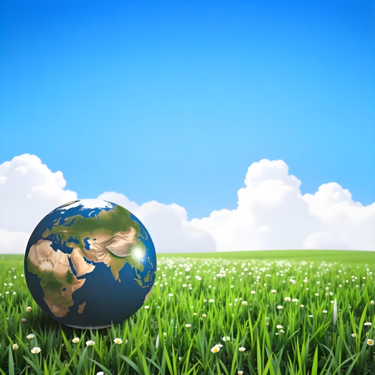 Earth Globe On A Green Grass Field Blue Sky With White Clouds Vibrant Colors Sunny Day Peaceful Atmosphere Environmental Theme Nature Background 10 2ee2