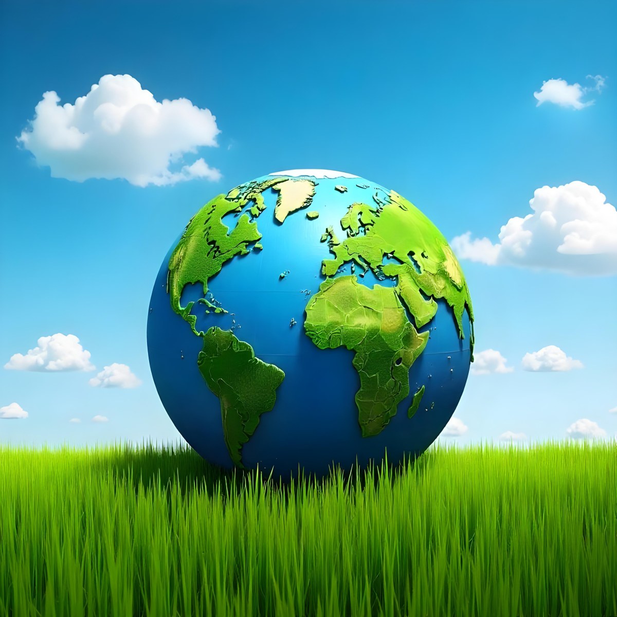 Earth Globe On A Green Grass Field Blue Sky With White Clouds Vibrant Colors Sunny Day Peaceful Atmosphere Environmental Theme Nature Background 11 C819