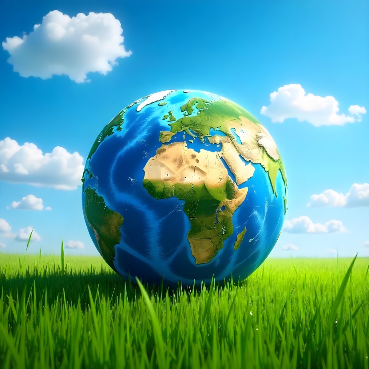 Earth Globe On A Green Grass Field Blue Sky With White Clouds Vibrant Colors Sunny Day Peaceful Atmosphere Environmental Theme Nature Background 28 Bcef