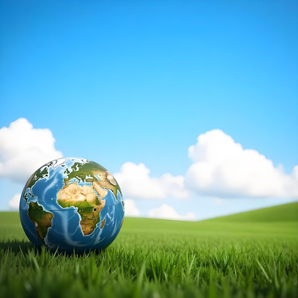 Earth Globe On A Green Grass Field Blue Sky With White Clouds Vibrant Colors Sunny Day Peaceful Atmosphere Environmental Theme Nature Background 33 6b50