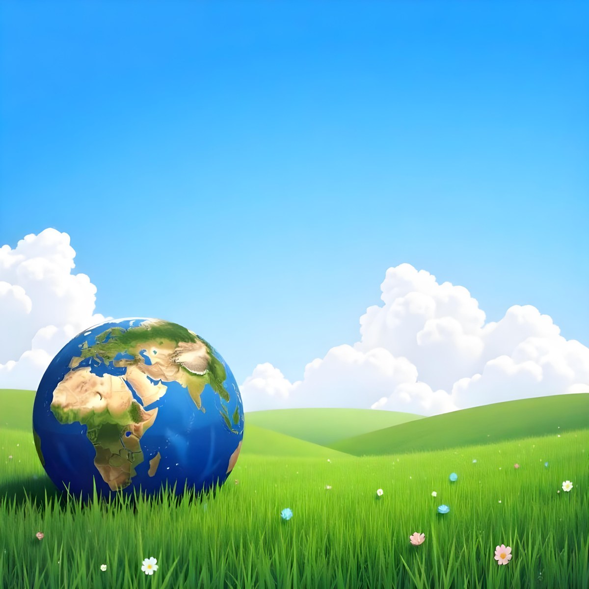 Earth Globe On A Green Grass Field Blue Sky With White Clouds Vibrant Colors Sunny Day Peaceful Atmosphere Environmental Theme Nature Background 34 6afa