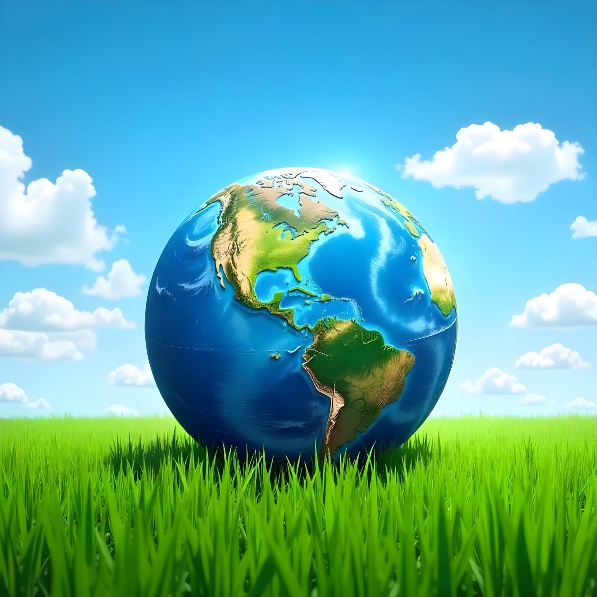Earth Globe On A Green Grass Field Blue Sky With White Clouds Vibrant Colors Sunny Day Peaceful Atmosphere Environmental Theme Nature Background 36 1219