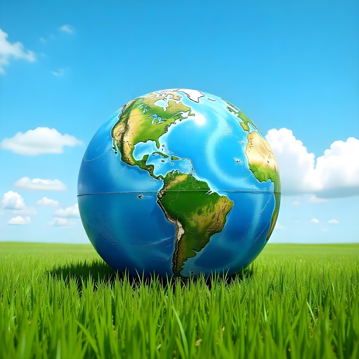 Earth Globe On A Green Grass Field Blue Sky With White Clouds Vibrant Colors Sunny Day Peaceful Atmosphere Environmental Theme Nature Background 7 975a
