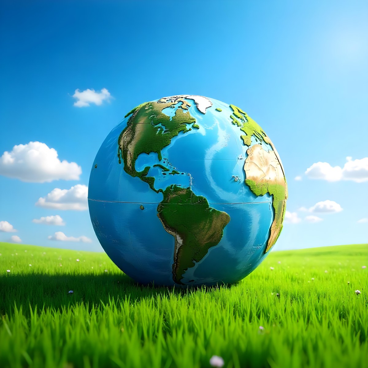 Earth Globe On A Green Grass Field Blue Sky With White Clouds Vibrant Colors Sunny Day Peaceful Atmosphere Environmental Theme Nature Background 9 86ec