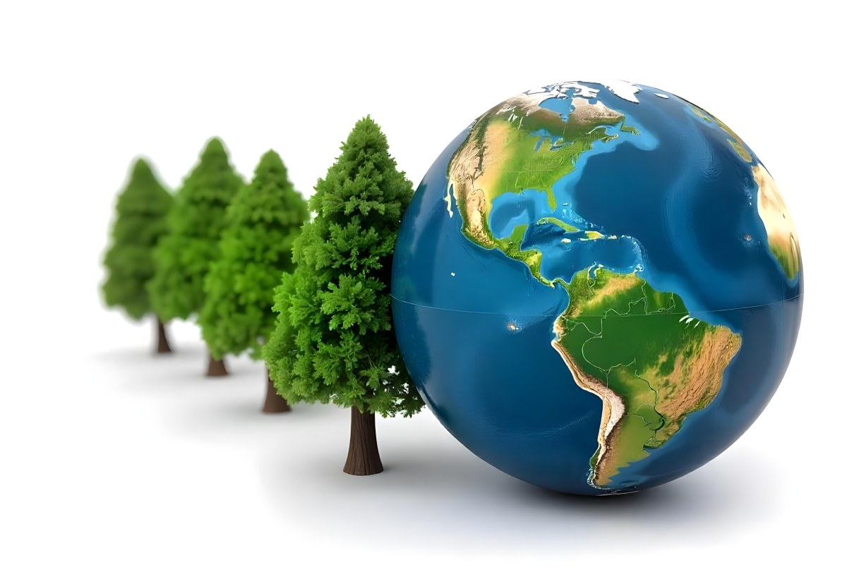Earth Globe With A Row Of Green Trees On A White Background The Globe Shows The Continents And Oceans The Trees Are All The Same Size And Shape 74 434f