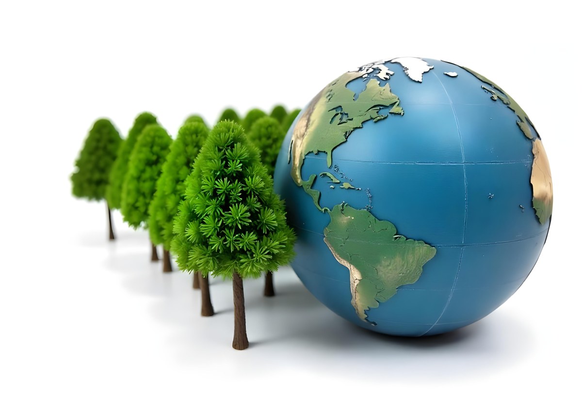 Earth Globe With A Row Of Green Trees On A White Background The Globe Shows The Continents And Oceans The Trees Are All The Same Size And Shape 75 A216