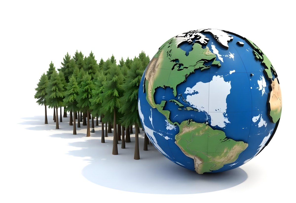 Earth Globe With A Row Of Green Trees On A White Background The Globe Shows The Continents And Oceans The Trees Are All The Same Size And Shape 8 4984