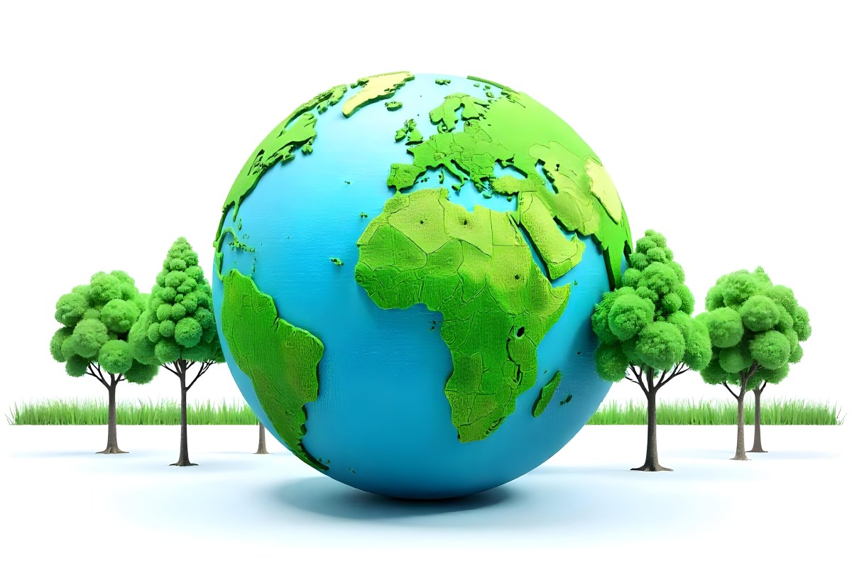 Earth Globe With A Row Of Green Trees On A White Background The Globe Shows The Continents And Oceans The Trees Are All The Same Size And Shape 9 Fa42