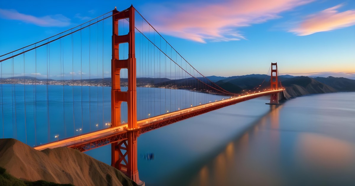 Golden Gate Bridge At Sunset With A Blue Sky And Clouds The Water Is Calm And Reflects The Colors Of The Sky 37 Ad98