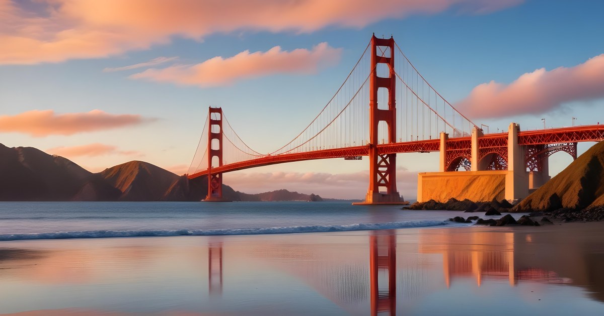Golden Gate Bridge At Sunset With A Blue Sky And Clouds The Water Is Calm And Reflects The Colors Of The Sky 4 E607