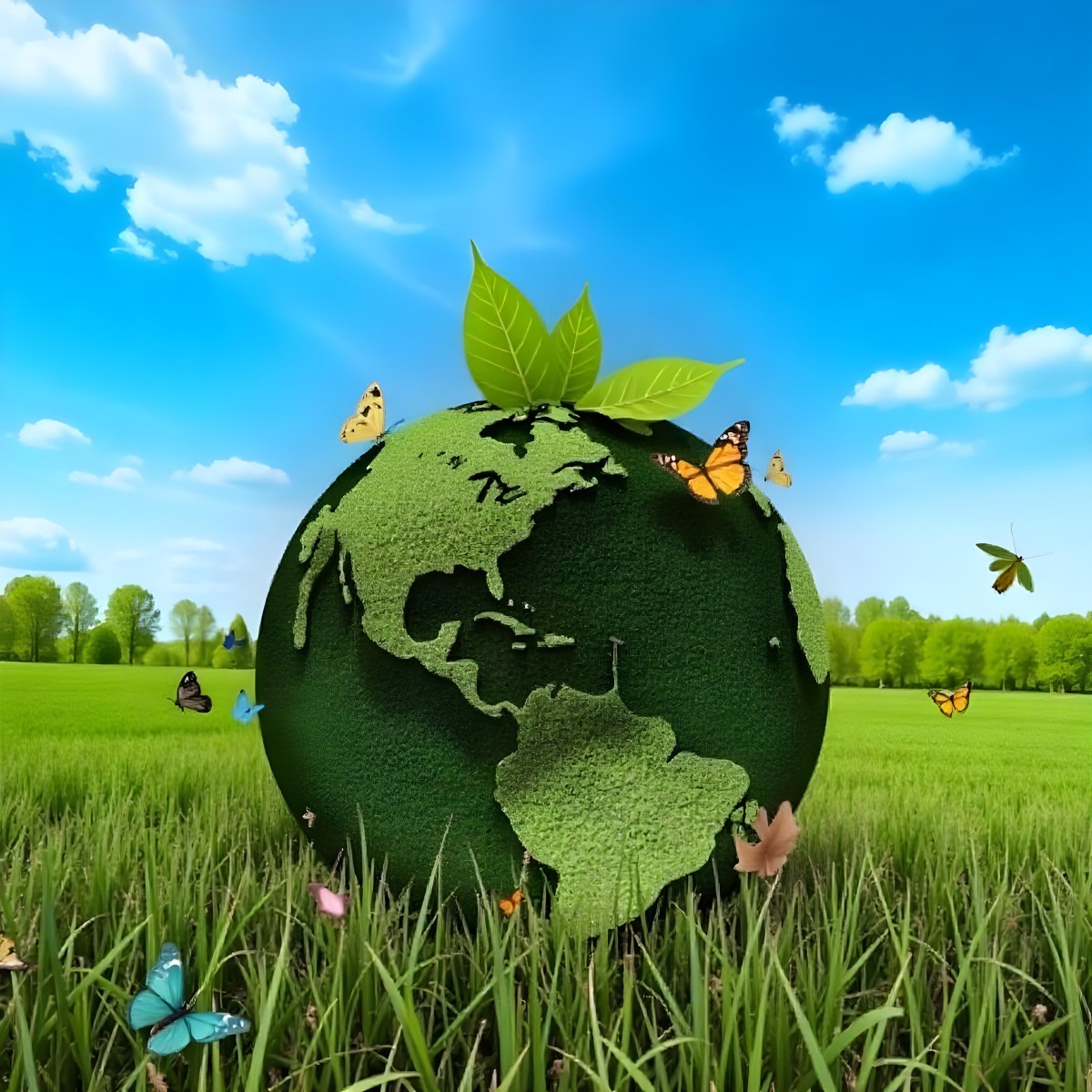 Green Earth Globe With Leaves And Butterflies On A Grass Field Under A Blue Sky With White Clouds Trees In The Background 7 F9a6