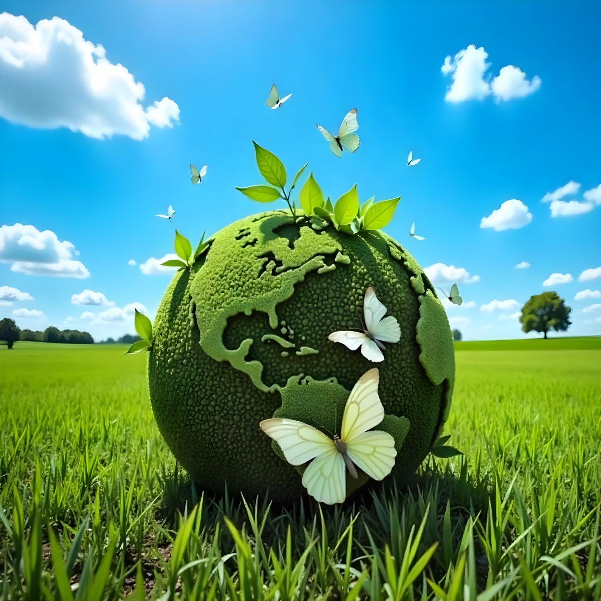 Green Earth Globe With Leaves And Butterflies On A Grass Field Under A Blue Sky With White Clouds Trees In The Background 8 C347