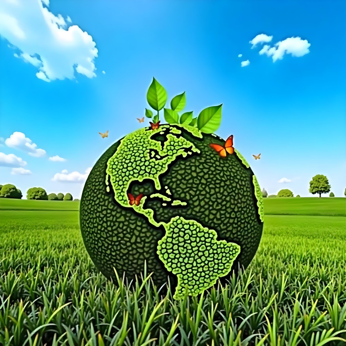 Green Earth Globe With Leaves And Butterflies On A Grass Field Under A Blue Sky With White Clouds Trees In The Background 9 81e6