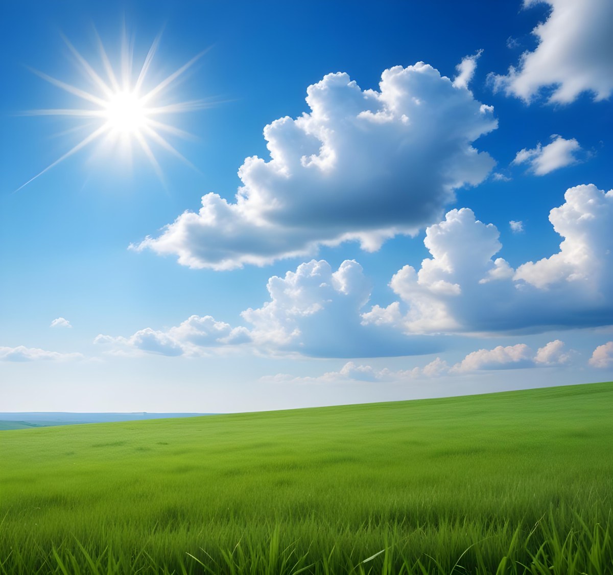 Green Grass Field Under A Blue Sky With Clouds And Sun 6 6282
