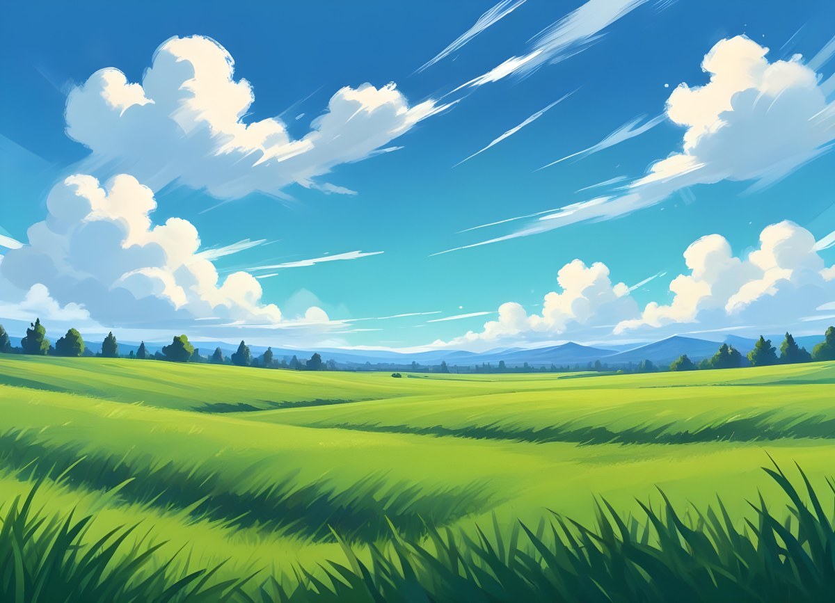 Green Grass Field With A Clear Blue Sky Some Clouds Sunny Day Bright Colors Cartoon Style Vibrant Peaceful Nature Outdoors 12 4750