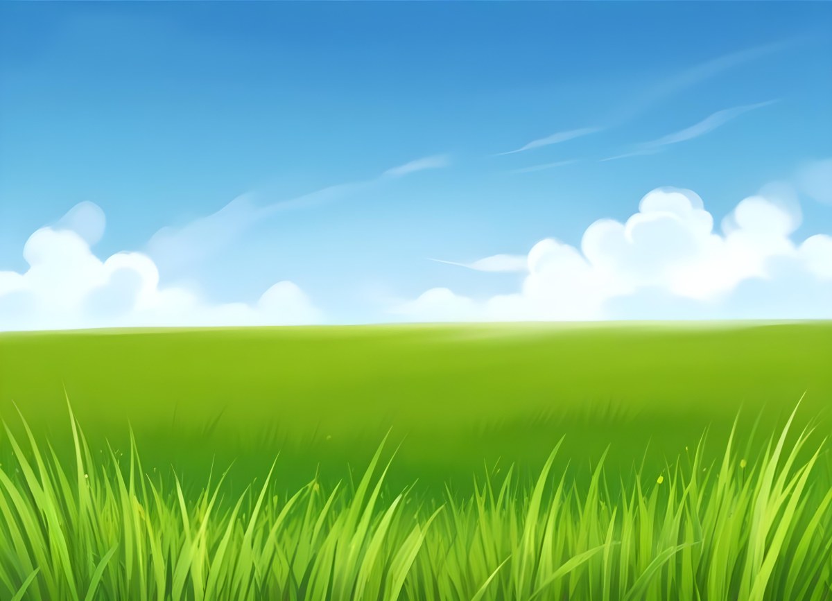 Green Grass Field With A Clear Blue Sky Some Clouds Sunny Day Bright Colors Cartoon Style Vibrant Peaceful Nature Outdoors 14 C363