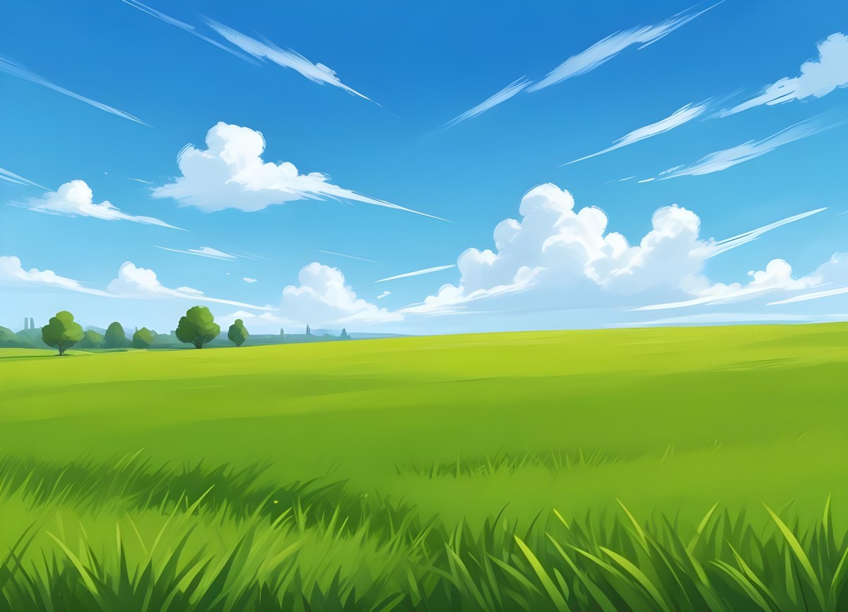 Green Grass Field With A Clear Blue Sky Some Clouds Sunny Day Bright Colors Cartoon Style Vibrant Peaceful Nature Outdoors 15 102e