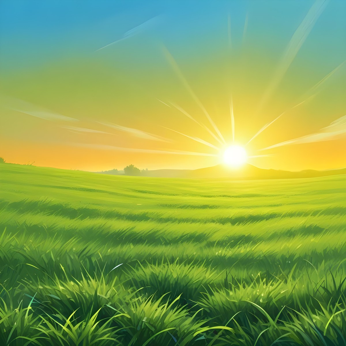 Green Grass Field With A Vibrant Green Color A Clear Blue Sky With A Bright Sun Shining Creating A Warm And Inviting Atmosphere Perfect For A Peaceful Day 25 3e7b