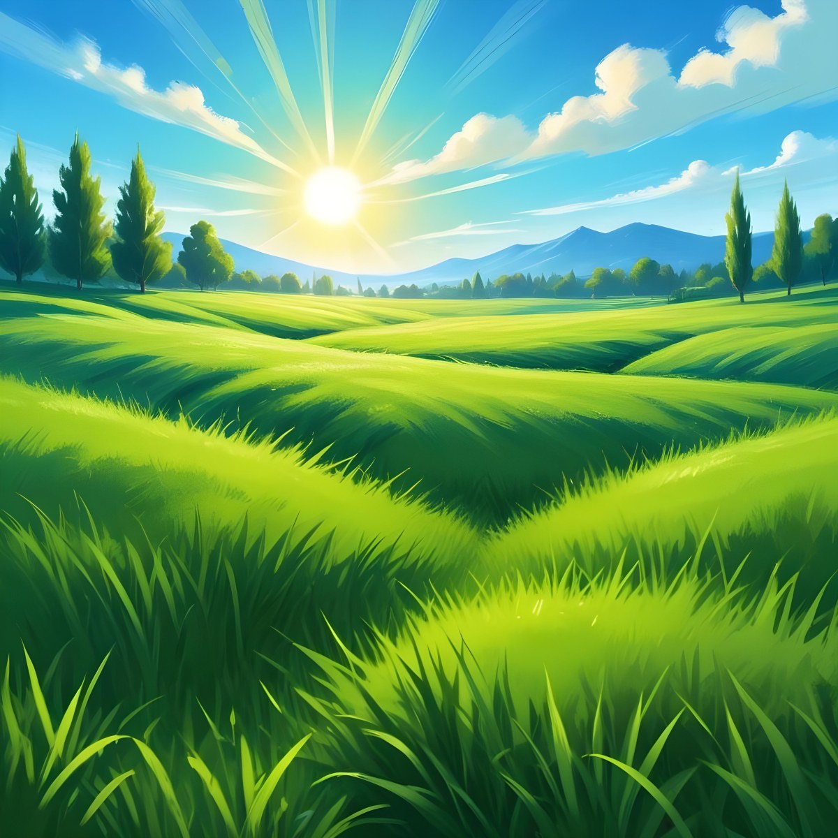 Green Grass Field With A Vibrant Green Color A Clear Blue Sky With A Bright Sun Shining Creating A Warm And Inviting Atmosphere Perfect For A Peaceful Day 38 8520