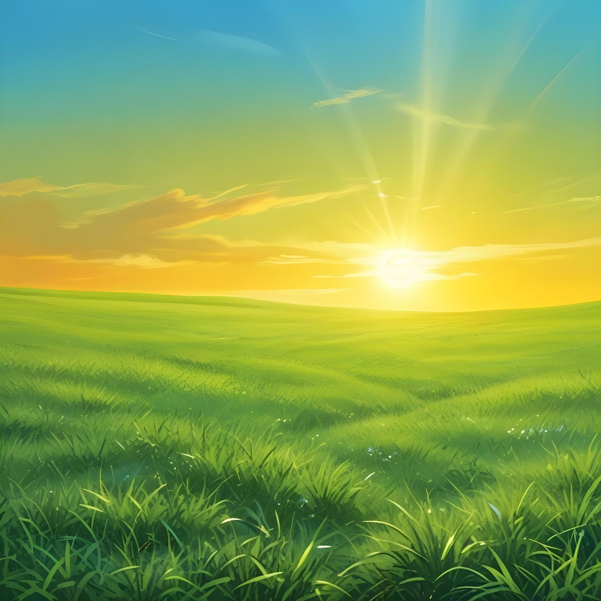 Green Grass Field With A Vibrant Green Color A Clear Blue Sky With A Bright Sun Shining Creating A Warm And Inviting Atmosphere Perfect For A Peaceful Day 6 8d38