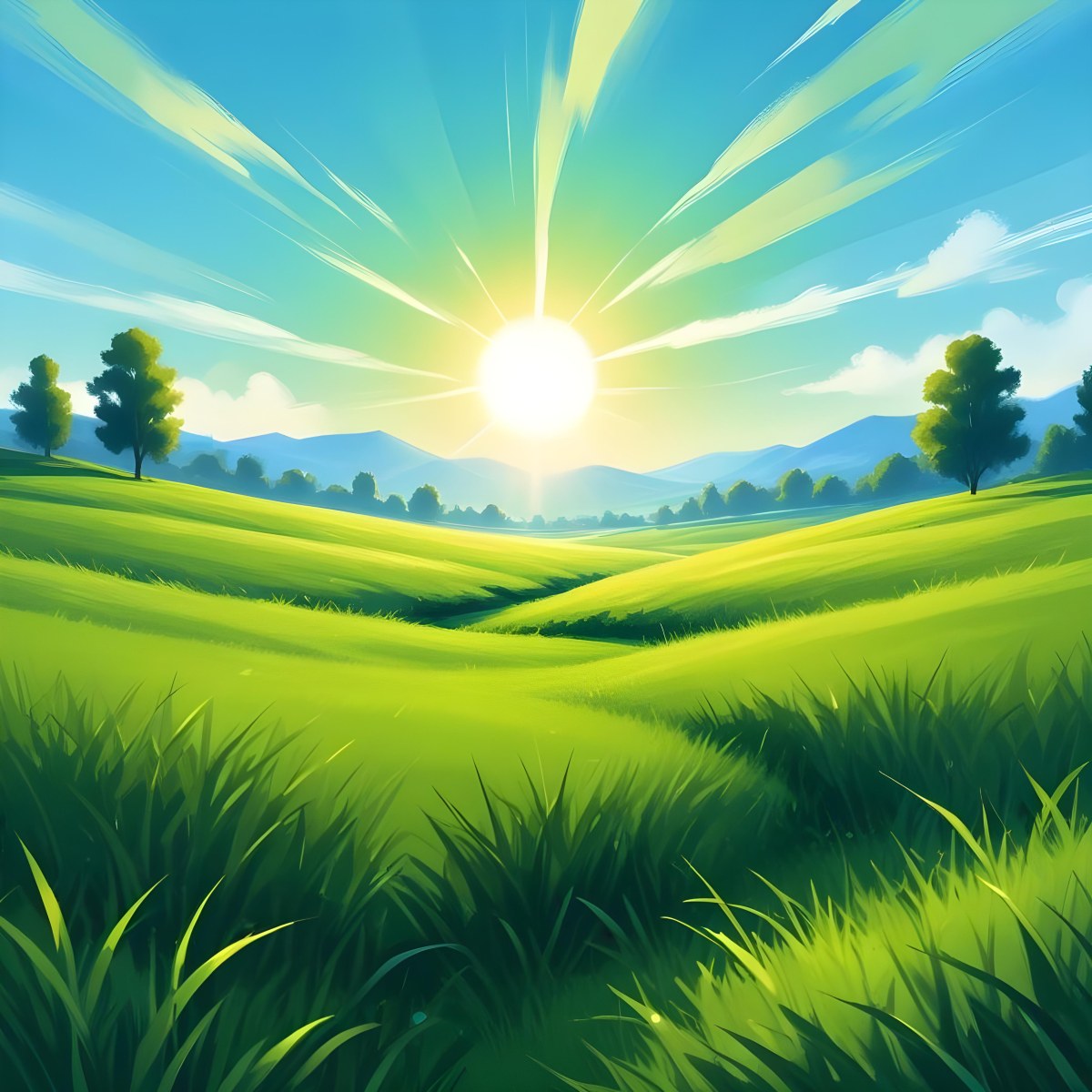 Green Grass Field With A Vibrant Green Color A Clear Blue Sky With A Bright Sun Shining Creating A Warm And Inviting Atmosphere Perfect For A Peaceful Day 9 28ff