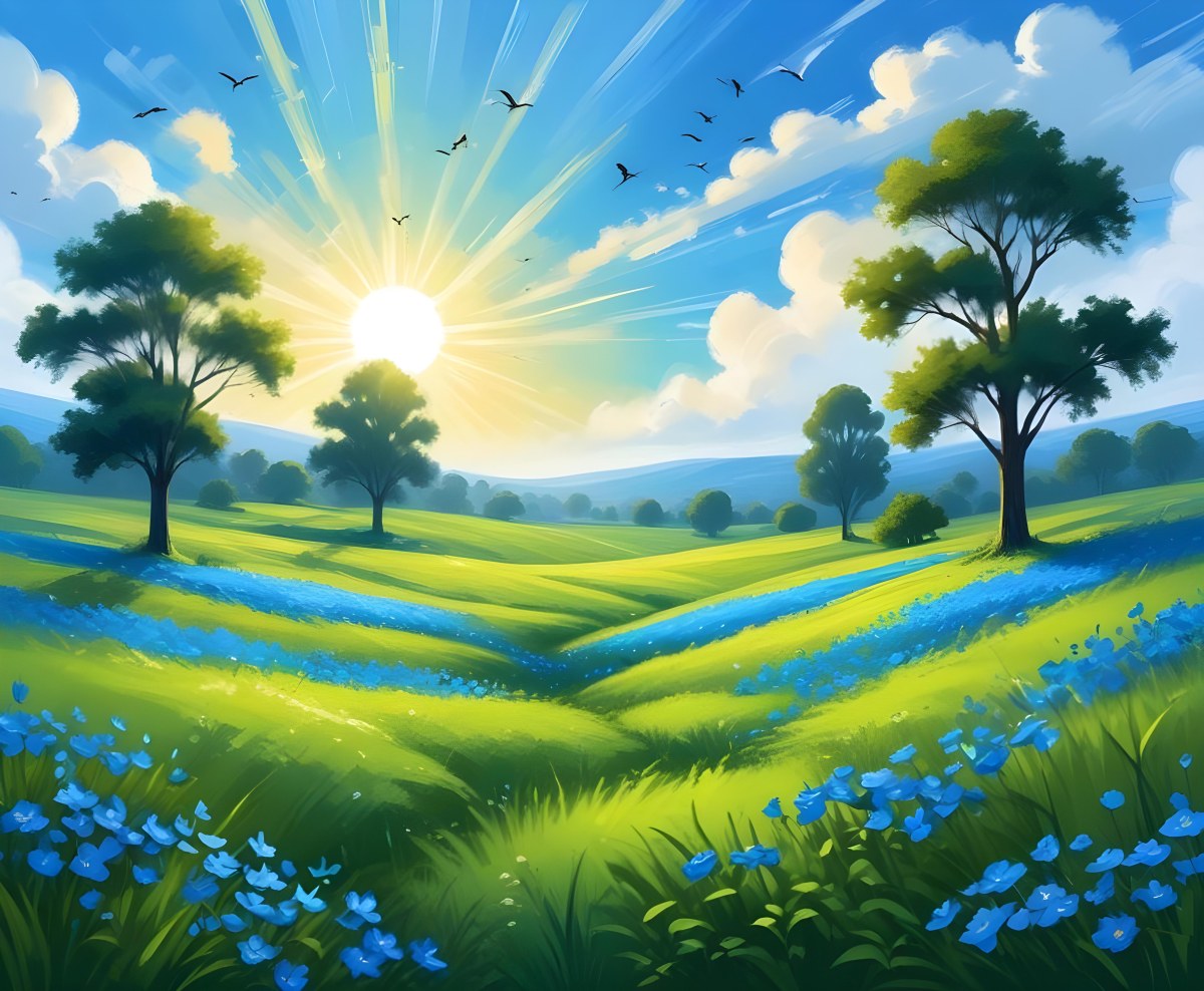 Green Grass Field With Flowers And Some Leaves Falling White Clouds In A Blue Sky 1 447e