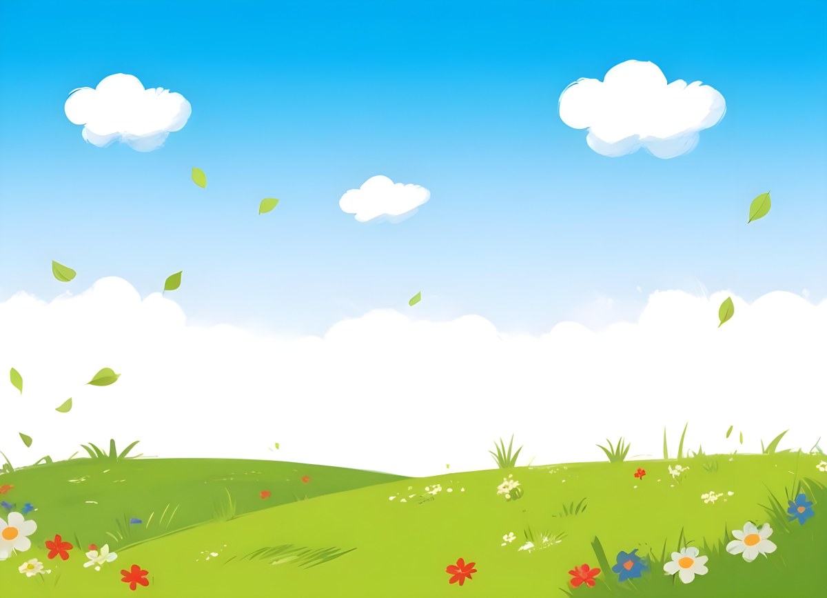 Green Grass Field With Flowers And Some Leaves Falling White Clouds In A Blue Sky 11 8def