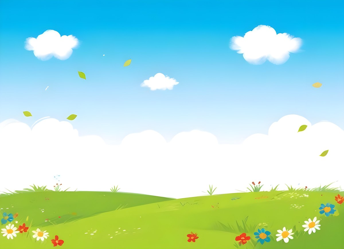 Green Grass Field With Flowers And Some Leaves Falling White Clouds In A Blue Sky 14 Ffa5