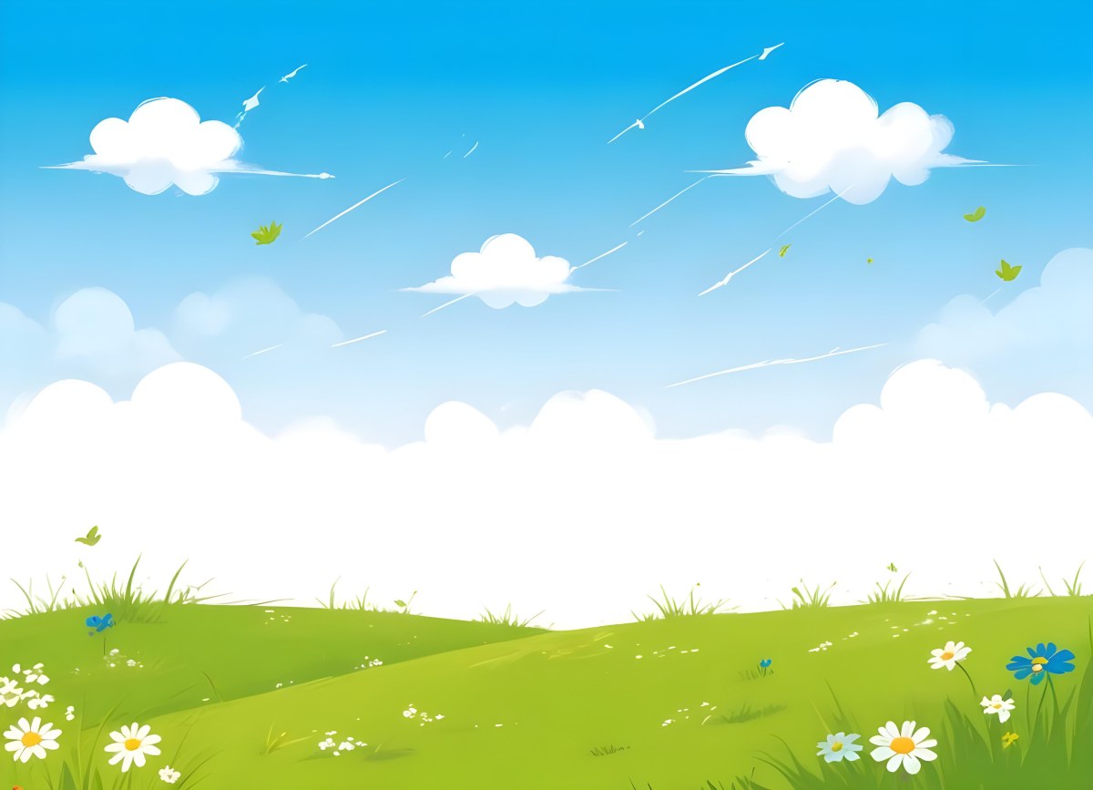 Green Grass Field With Flowers And Some Leaves Falling White Clouds In A Blue Sky 15 B524