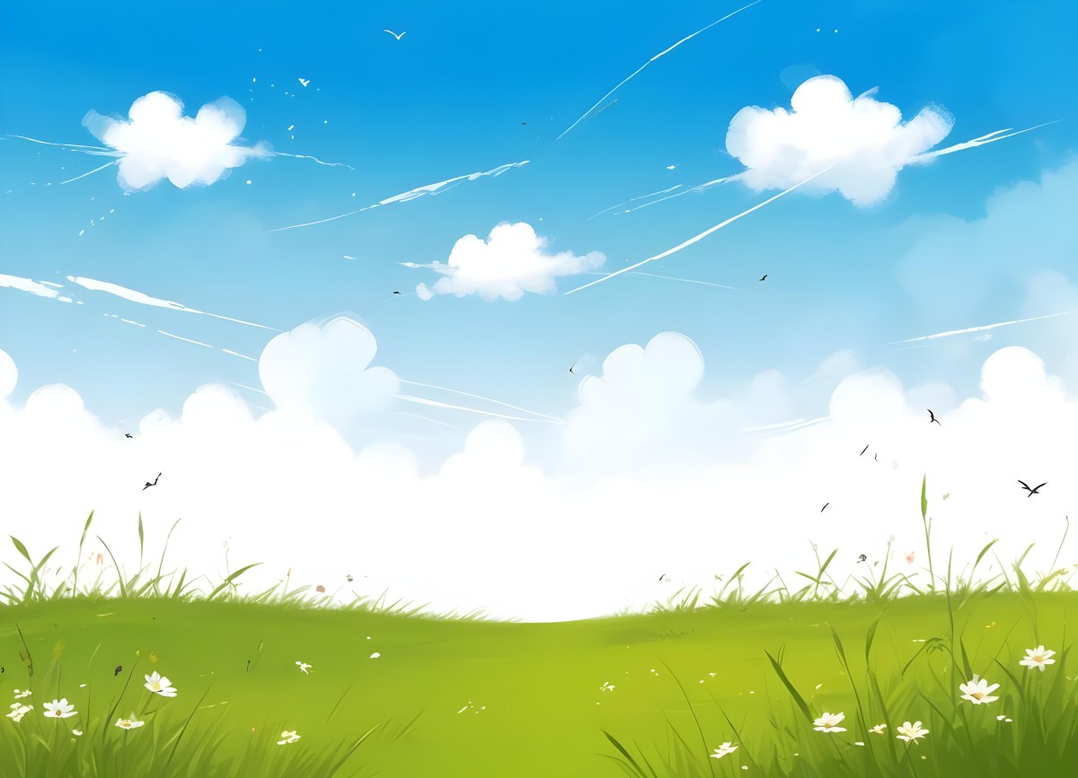 Green Grass Field With Flowers And Some Leaves Falling White Clouds In A Blue Sky 19 02b4