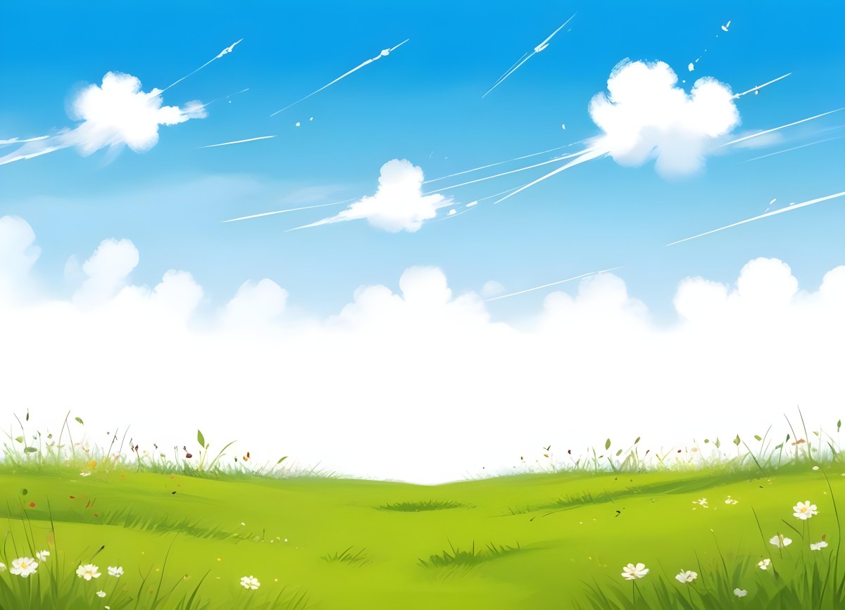 Green Grass Field With Flowers And Some Leaves Falling White Clouds In A Blue Sky 20 5bcb