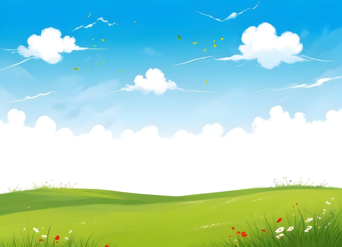 Green Grass Field With Flowers And Some Leaves Falling White Clouds In A Blue Sky 21 B71b