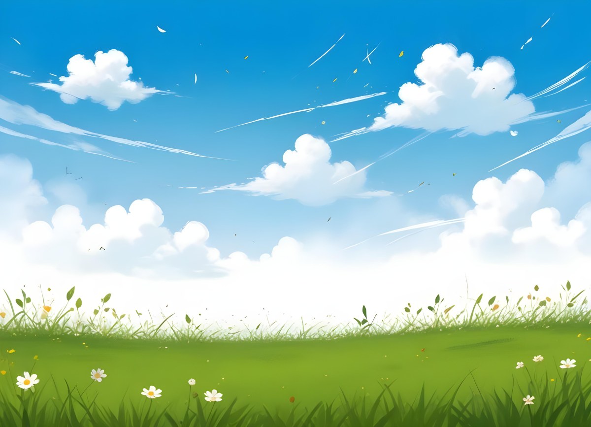 Green Grass Field With Flowers And Some Leaves Falling White Clouds In A Blue Sky 23 Af7b