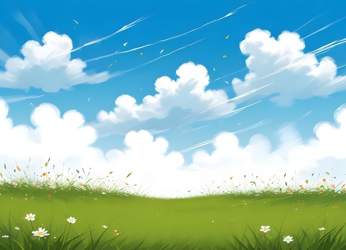 Green Grass Field With Flowers And Some Leaves Falling White Clouds In A Blue Sky 24 56c6
