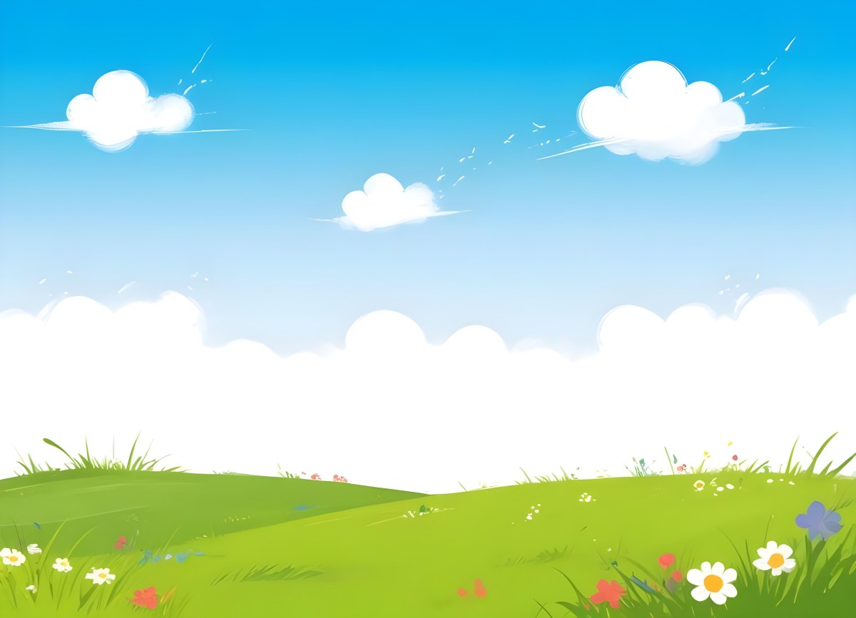 Green Grass Field With Flowers And Some Leaves Falling White Clouds In A Blue Sky 3 287f
