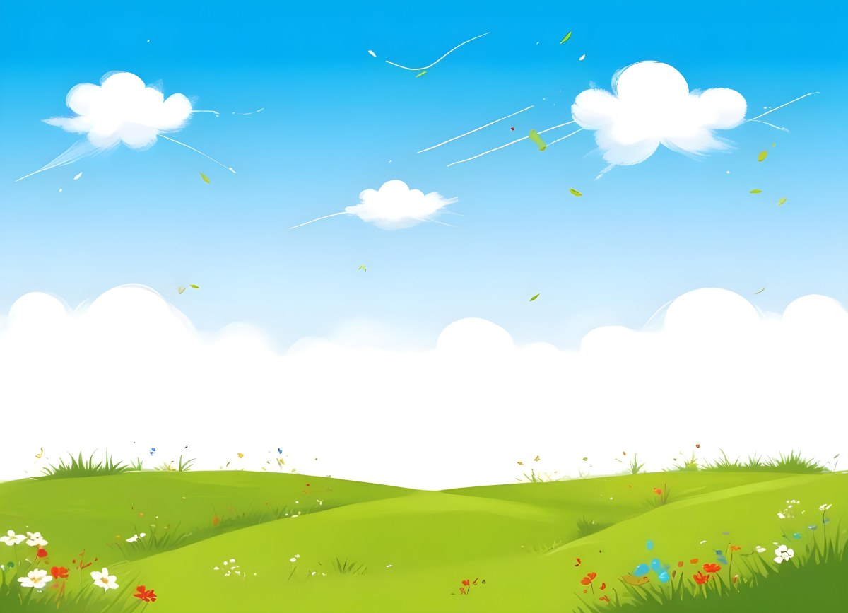 Green Grass Field With Flowers And Some Leaves Falling White Clouds In A Blue Sky 4 9f31