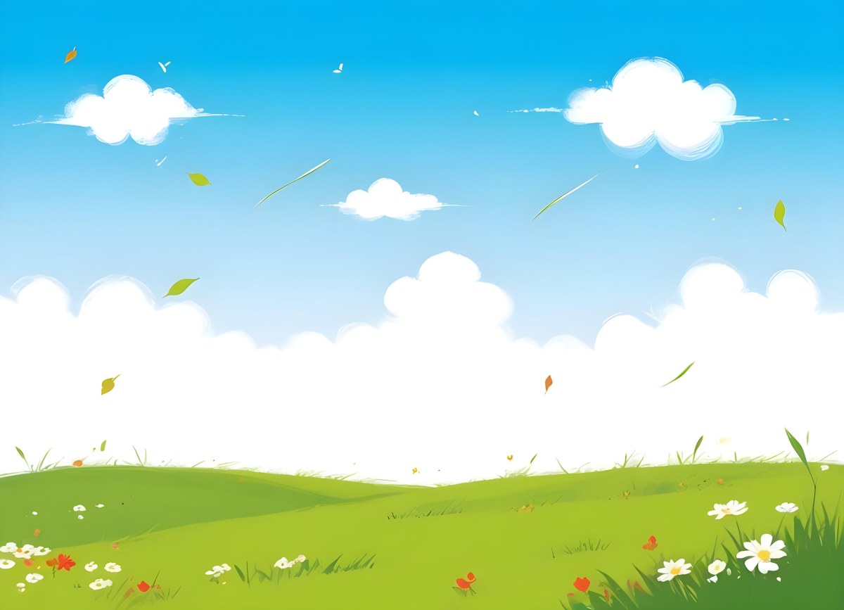 Green Grass Field With Flowers And Some Leaves Falling White Clouds In A Blue Sky 6 6e0f