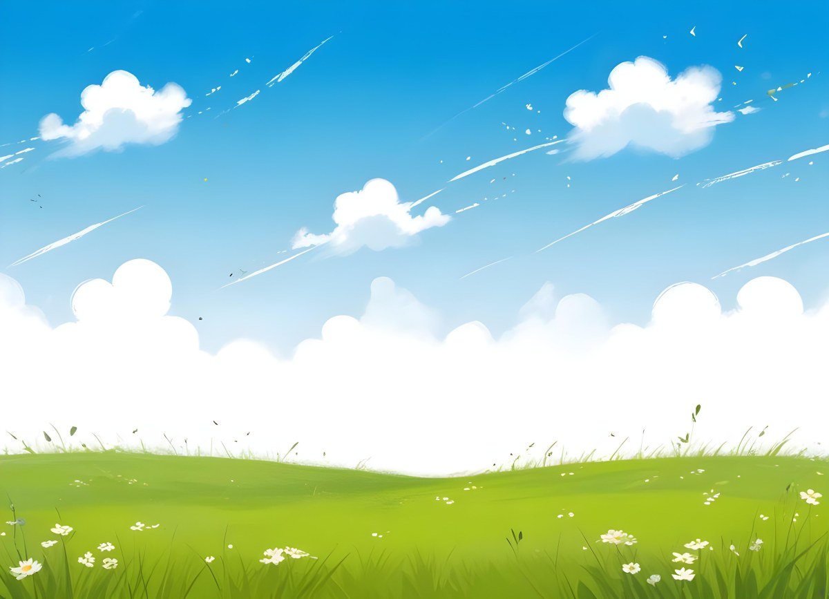 Green Grass Field With Flowers And Some Leaves Falling White Clouds In A Blue Sky 7 Cf7e